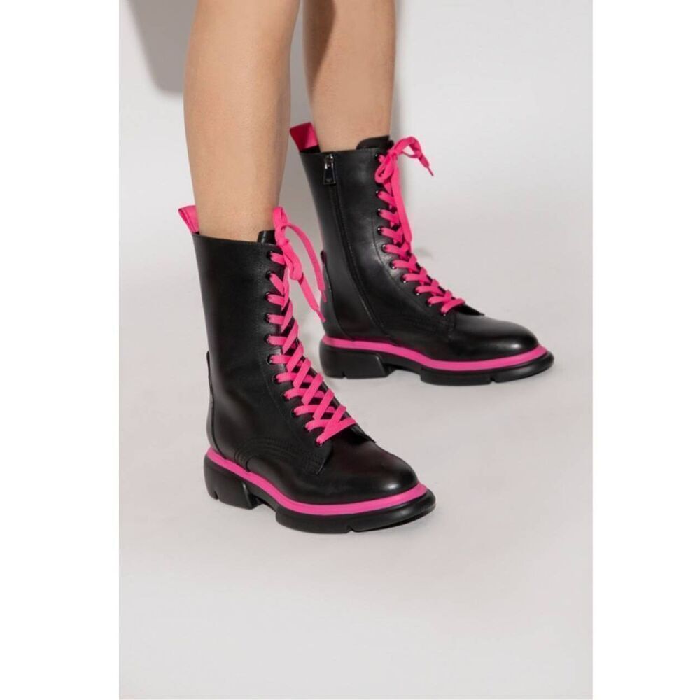 Emporio Armani Blk/ Pink Leather Combat Boots, Sz. 39, NEW